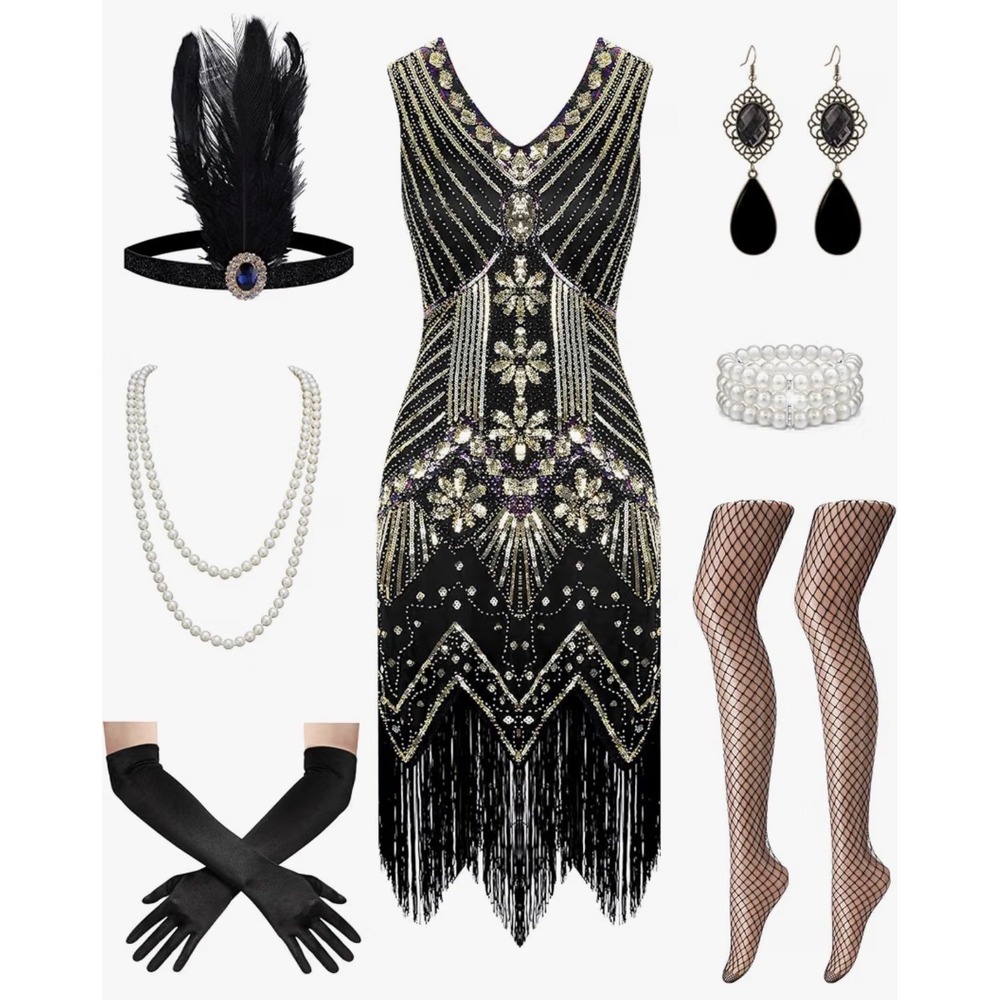 NWT 1920s Sequin Fringed Gatsby Flapper Cocktail Dress w/ Accessories (read)XL